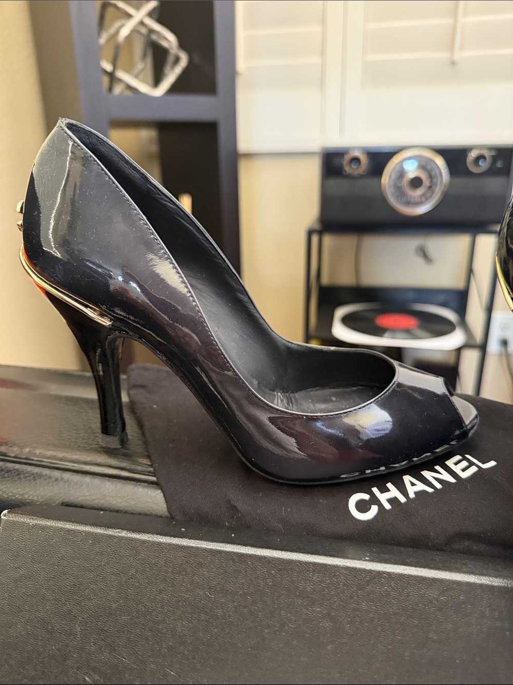 CHANEL Black Patent Peep-Toe Stiletto Pumps with Gold CC Heel Accent - Picture 2 of 10